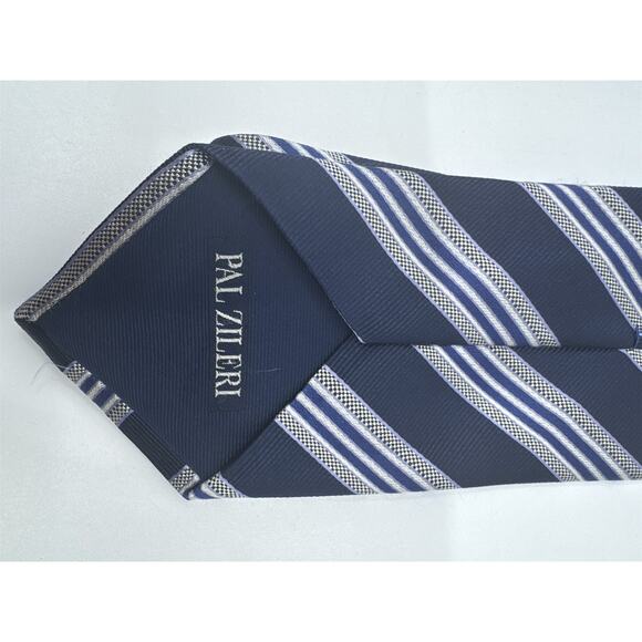 Pal Zileri Blue, Silver And White Striped Men's Neck Tie Made In Italy - Picture 12 of 14